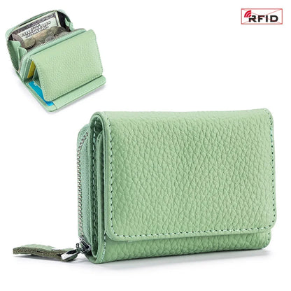 2024 New Women's Mini Coin RFID Blocking Trifold Button Short Purse Ladies Genuine Leather Card Holder Wallet