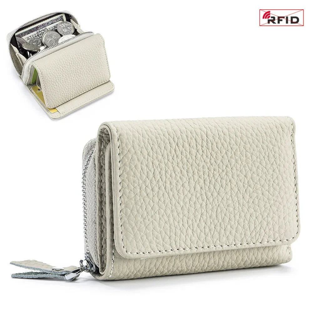 2024 New Women's Mini Coin RFID Blocking Trifold Button Short Purse Ladies Genuine Leather Card Holder Wallet