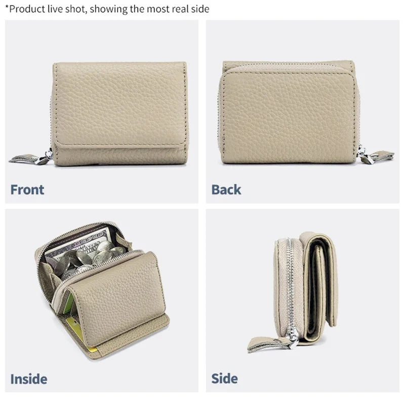 2024 New Women's Mini Coin RFID Blocking Trifold Button Short Purse Ladies Genuine Leather Card Holder Wallet
