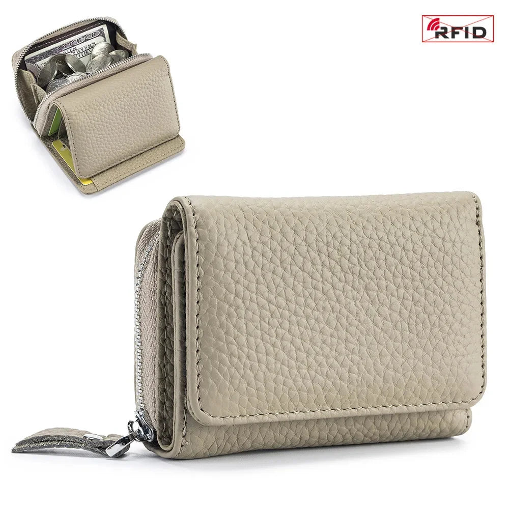 2024 New Women's Mini Coin RFID Blocking Trifold Button Short Purse Ladies Genuine Leather Card Holder Wallet