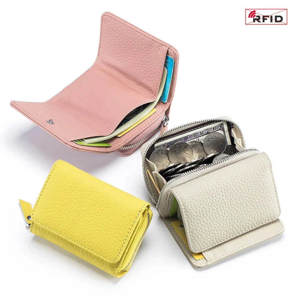 2024 New Women's Mini Coin RFID Blocking Trifold Button Short Purse Ladies Genuine Leather Card Holder Wallet