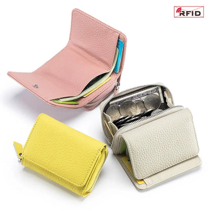 2024 New Women's Mini Coin RFID Blocking Trifold Button Short Purse Ladies Genuine Leather Card Holder Wallet