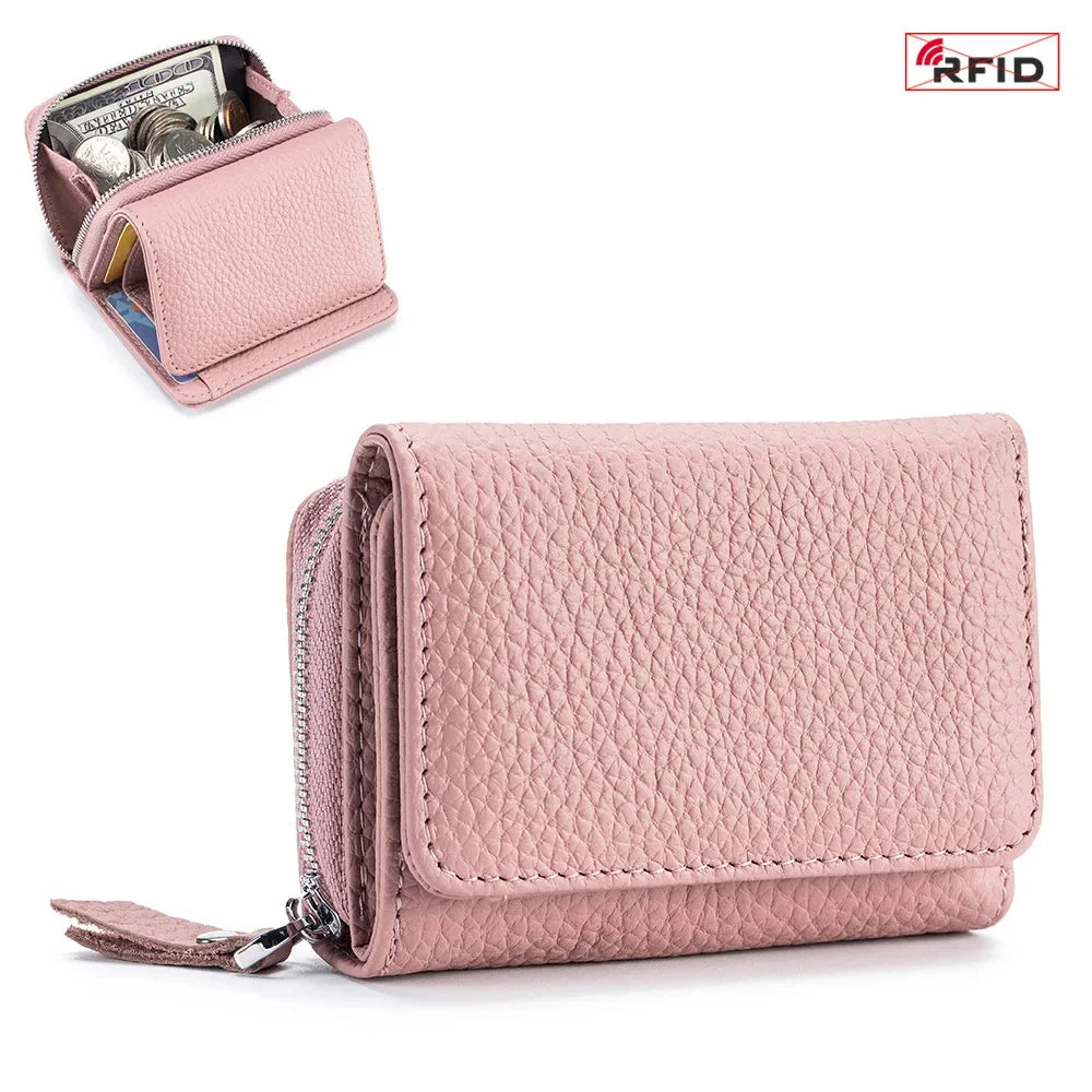 2024 New Women's Mini Coin RFID Blocking Trifold Button Short Purse Ladies Genuine Leather Card Holder Wallet