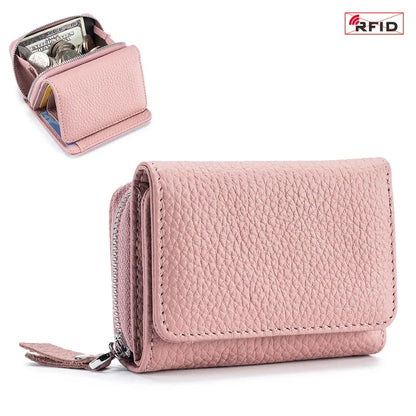 2024 New Women's Mini Coin RFID Blocking Trifold Button Short Purse Ladies Genuine Leather Card Holder Wallet