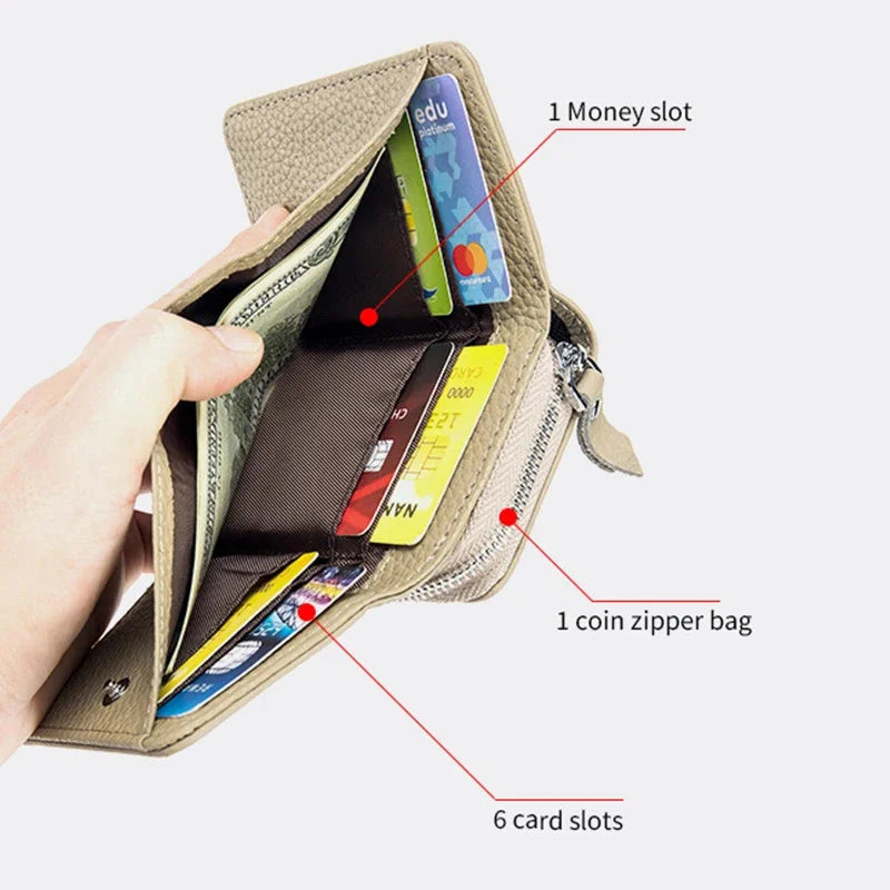2024 New Women's Mini Coin RFID Blocking Trifold Button Short Purse Ladies Genuine Leather Card Holder Wallet