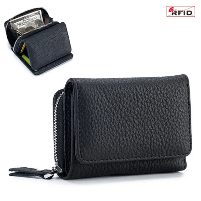 2024 New Women's Mini Coin RFID Blocking Trifold Button Short Purse Ladies Genuine Leather Card Holder Wallet