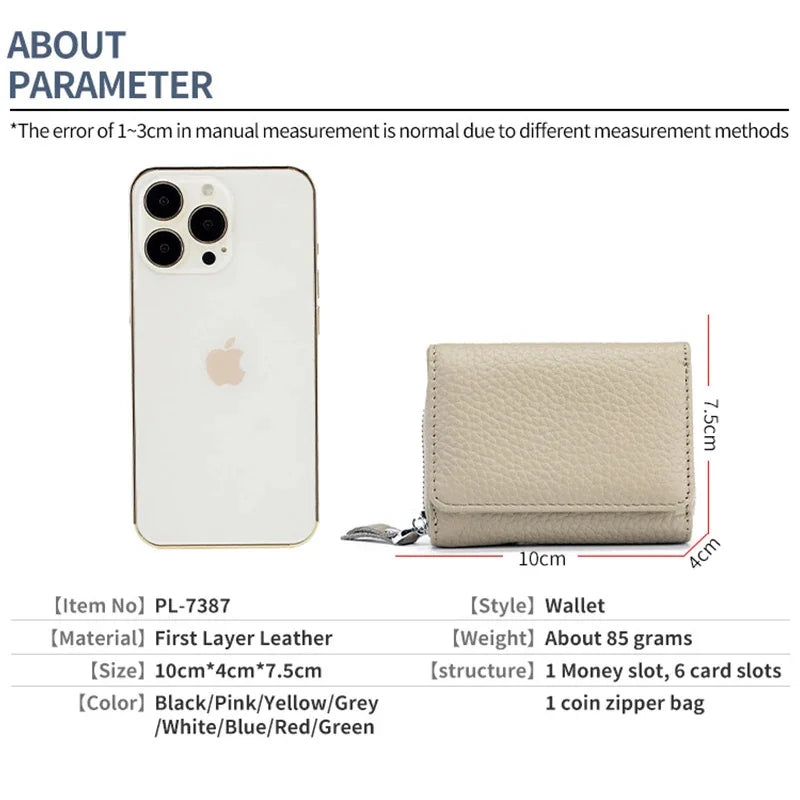 2024 New Women's Mini Coin RFID Blocking Trifold Button Short Purse Ladies Genuine Leather Card Holder Wallet