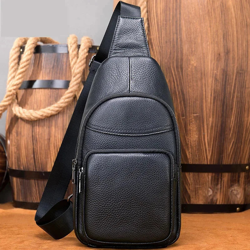2024 New leather chest brand single crossbody fashion sports cowhide male shoulder bags black