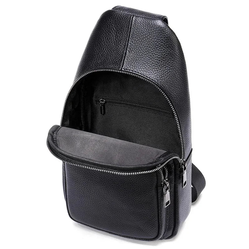 2024 New leather chest brand single crossbody fashion sports cowhide male shoulder bags black