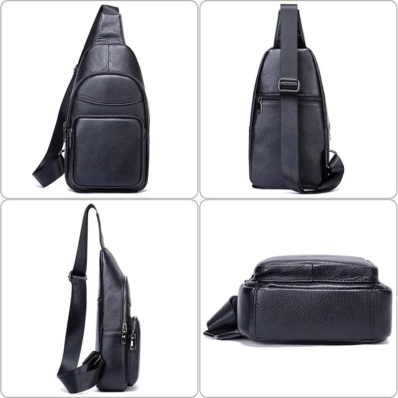 2024 New leather chest brand single crossbody fashion sports cowhide male shoulder bags black