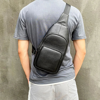 2024 New leather chest brand single crossbody fashion sports cowhide male shoulder bags black