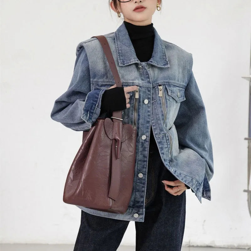 2024 Simple Minority Designer Genuine Leather Bucket Bag High Quality Large Capacity Commuter Tote Shoulder Bags Casual Bolsos