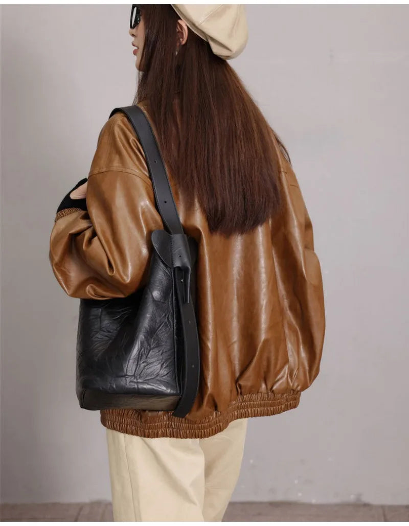 2024 Simple Minority Designer Genuine Leather Bucket Bag High Quality Large Capacity Commuter Tote Shoulder Bags Casual Bolsos
