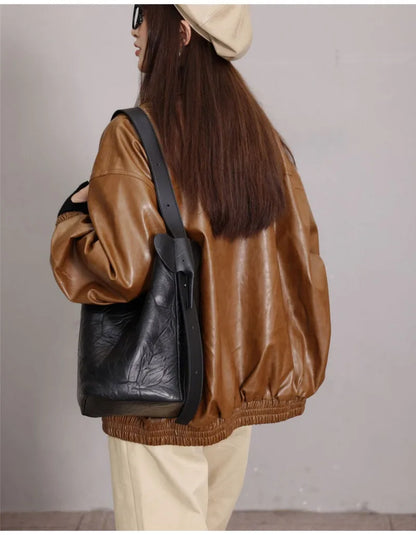 2024 Simple Minority Designer Genuine Leather Bucket Bag High Quality Large Capacity Commuter Tote Shoulder Bags Casual Bolsos