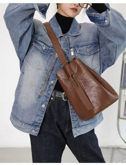 2024 Simple Minority Designer Genuine Leather Bucket Bag High Quality Large Capacity Commuter Tote Shoulder Bags Casual Bolsos