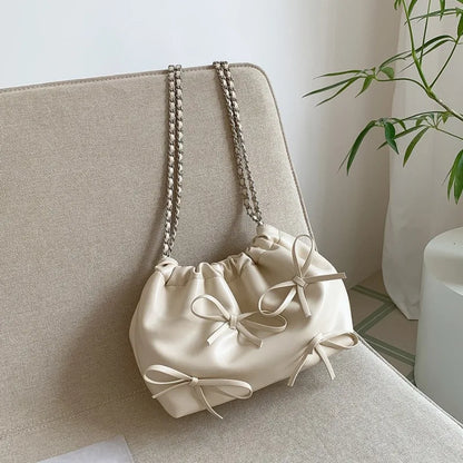 2024 Spring New Bow Chain Bags Women Fresh Niche Soft Leather Folds Shoulder Bag Large Capacity Casual All-match Purses Bolsas