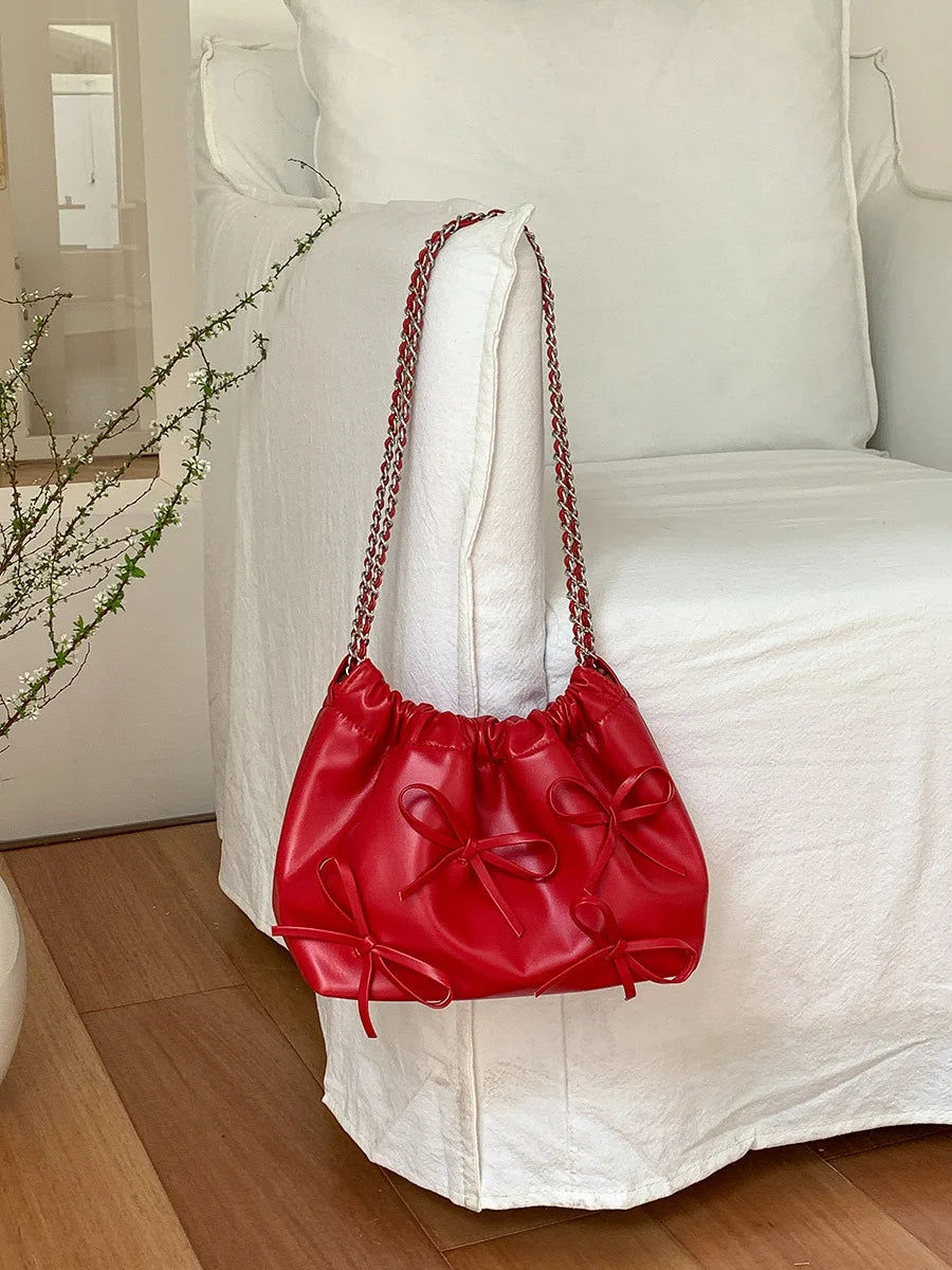 2024 Spring New Bow Chain Bags Women Fresh Niche Soft Leather Folds Shoulder Bag Large Capacity Casual All-match Purses Bolsas