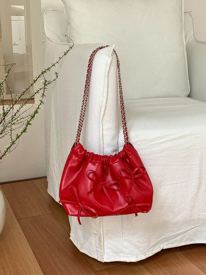 2024 Spring New Bow Chain Bags Women Fresh Niche Soft Leather Folds Shoulder Bag Large Capacity Casual All-match Purses Bolsas
