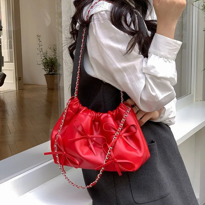 2024 Spring New Bow Chain Bags Women Fresh Niche Soft Leather Folds Shoulder Bag Large Capacity Casual All-match Purses Bolsas