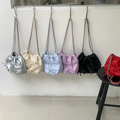 2024 Spring New Bow Chain Bags Women Fresh Niche Soft Leather Folds Shoulder Bag Large Capacity Casual All-match Purses Bolsas