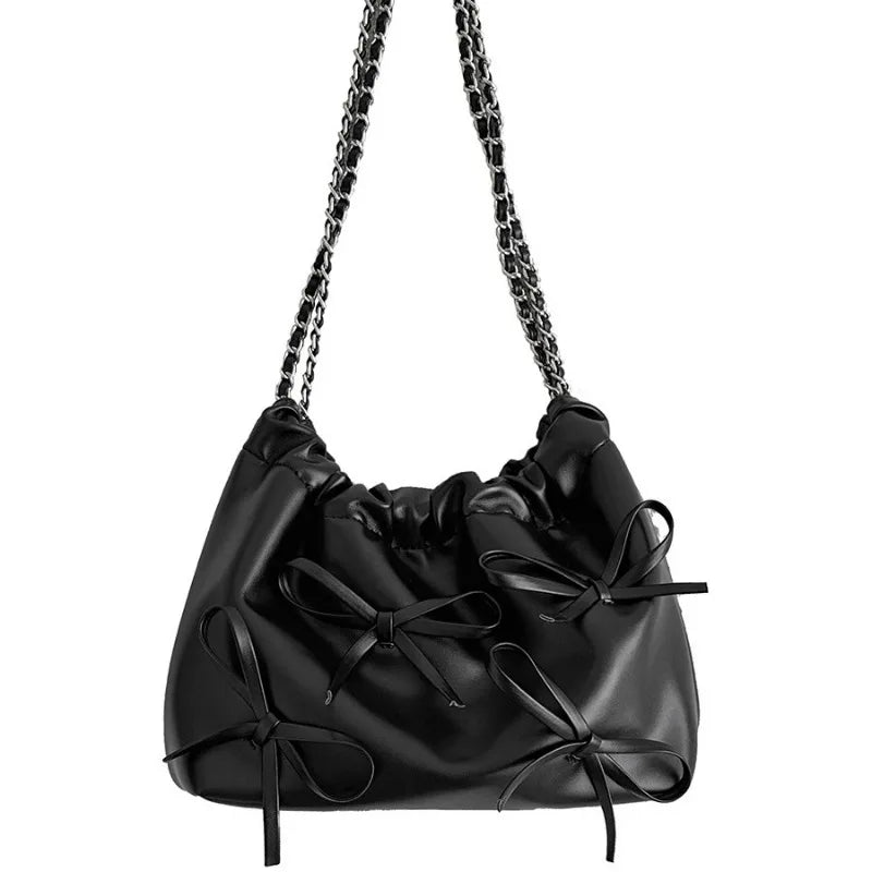 2024 Spring New Bow Chain Bags Women Fresh Niche Soft Leather Folds Shoulder Bag Large Capacity Casual All-match Purses Bolsas