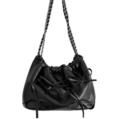 2024 Spring New Bow Chain Bags Women Fresh Niche Soft Leather Folds Shoulder Bag Large Capacity Casual All-match Purses Bolsas