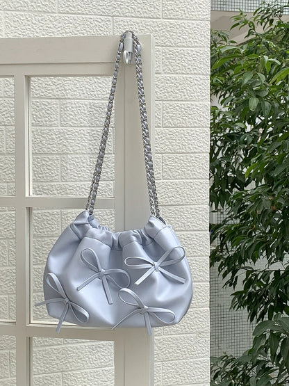 2024 Spring New Bow Chain Bags Women Fresh Niche Soft Leather Folds Shoulder Bag Large Capacity Casual All-match Purses Bolsas