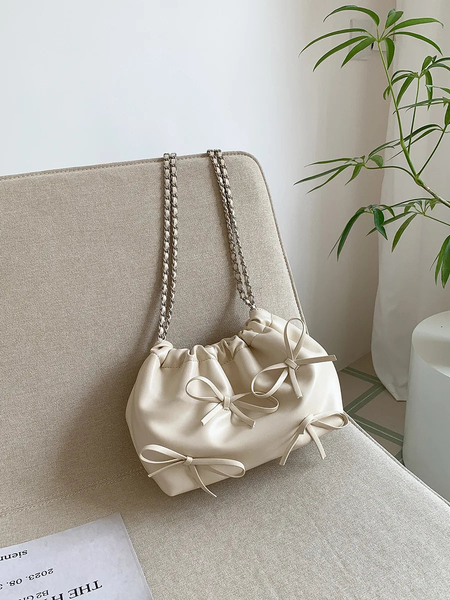 2024 Spring New Bow Chain Bags Women Fresh Niche Soft Leather Folds Shoulder Bag Large Capacity Casual All-match Purses Bolsas
