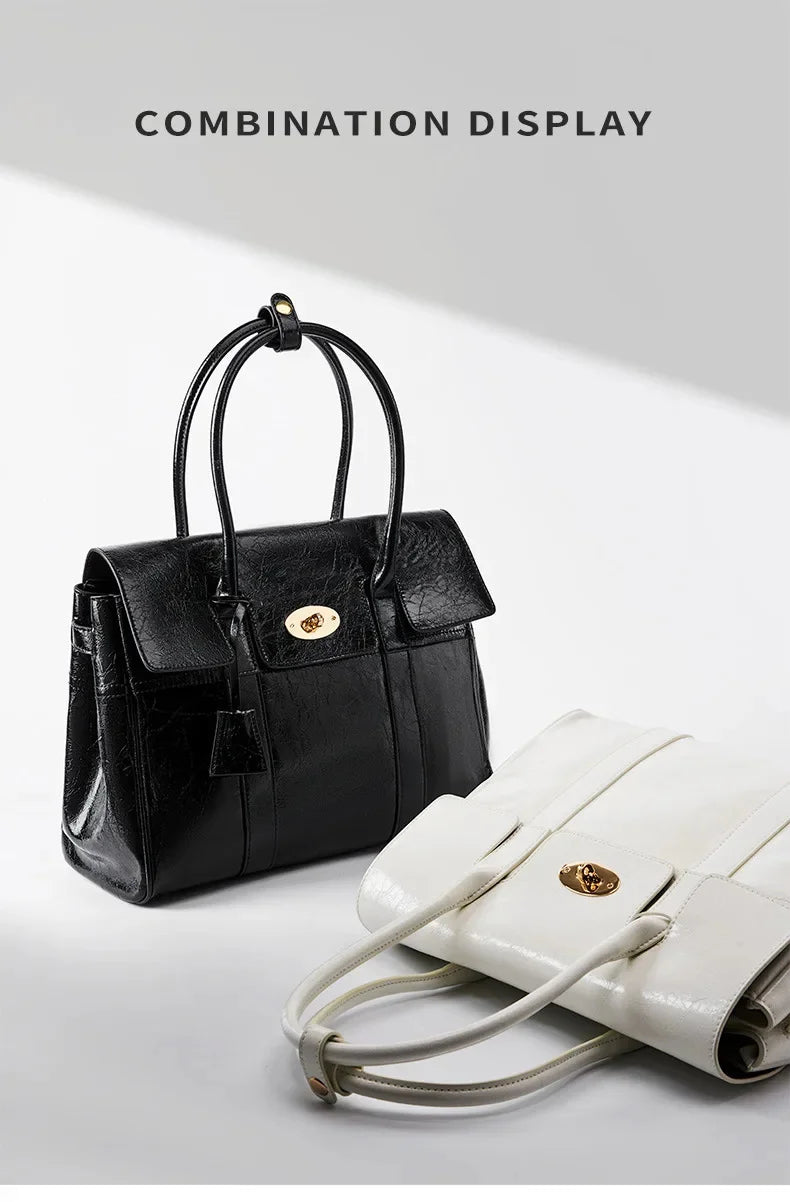2024 Spring New women's large-capacity black genuine leather Tote fashion cowhide hand retro lawyer envelope bag