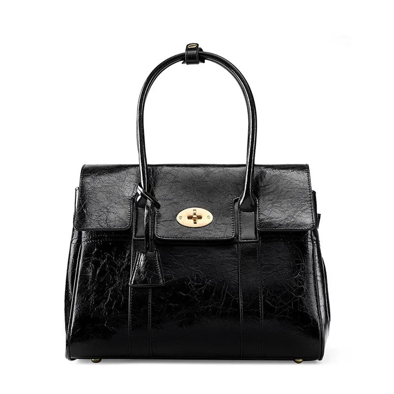 2024 Spring New women's large-capacity black genuine leather Tote fashion cowhide hand retro lawyer envelope bag