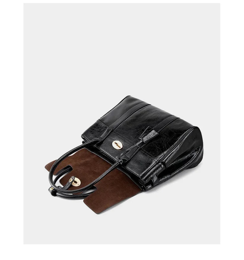 2024 Spring New women's large-capacity black genuine leather Tote fashion cowhide hand retro lawyer envelope bag