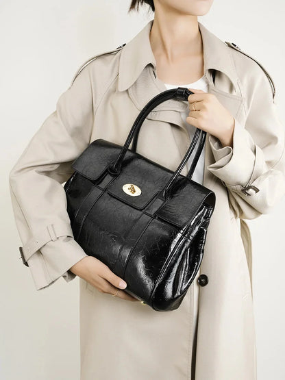 2024 Spring New women's large-capacity black genuine leather Tote fashion cowhide hand retro lawyer envelope bag