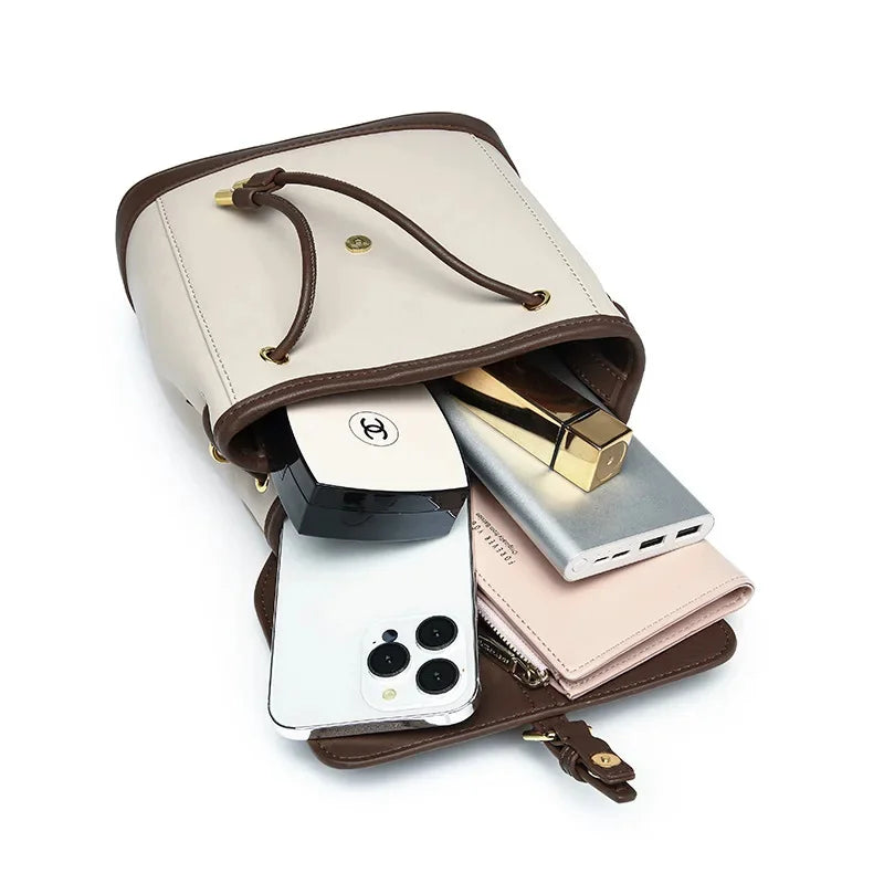 2024 Top Layer Cowhide New Contrast Color Women's Large Capacity Backpack All-match Retro Shoulder Bag