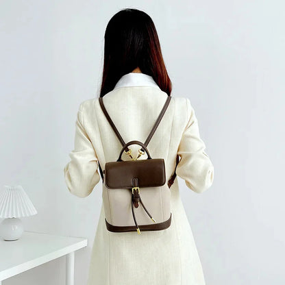 2024 Top Layer Cowhide New Contrast Color Women's Large Capacity Backpack All-match Retro Shoulder Bag