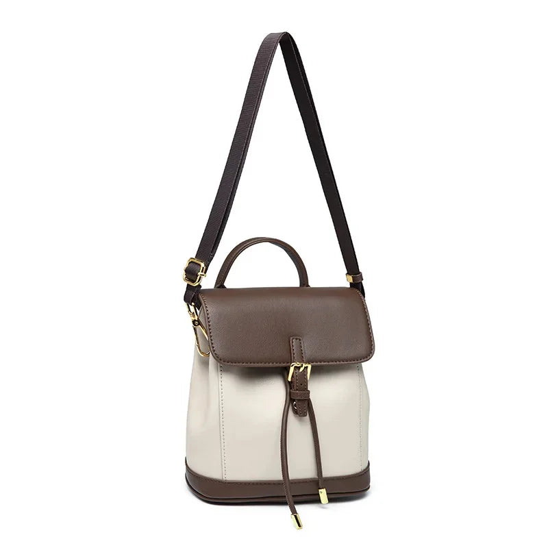 2024 Top Layer Cowhide New Contrast Color Women's Large Capacity Backpack All-match Retro Shoulder Bag
