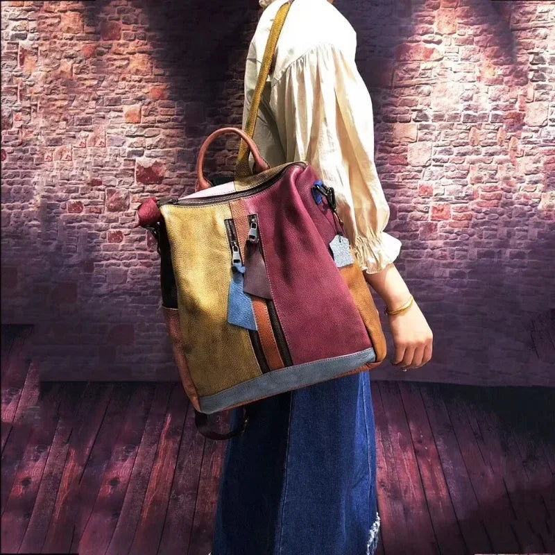 2024 Trend Retro Women Genuine Leather Backpack Patchwork Random Color Shoulder Bag Luxury High Quality Large Capacity Schoolbag