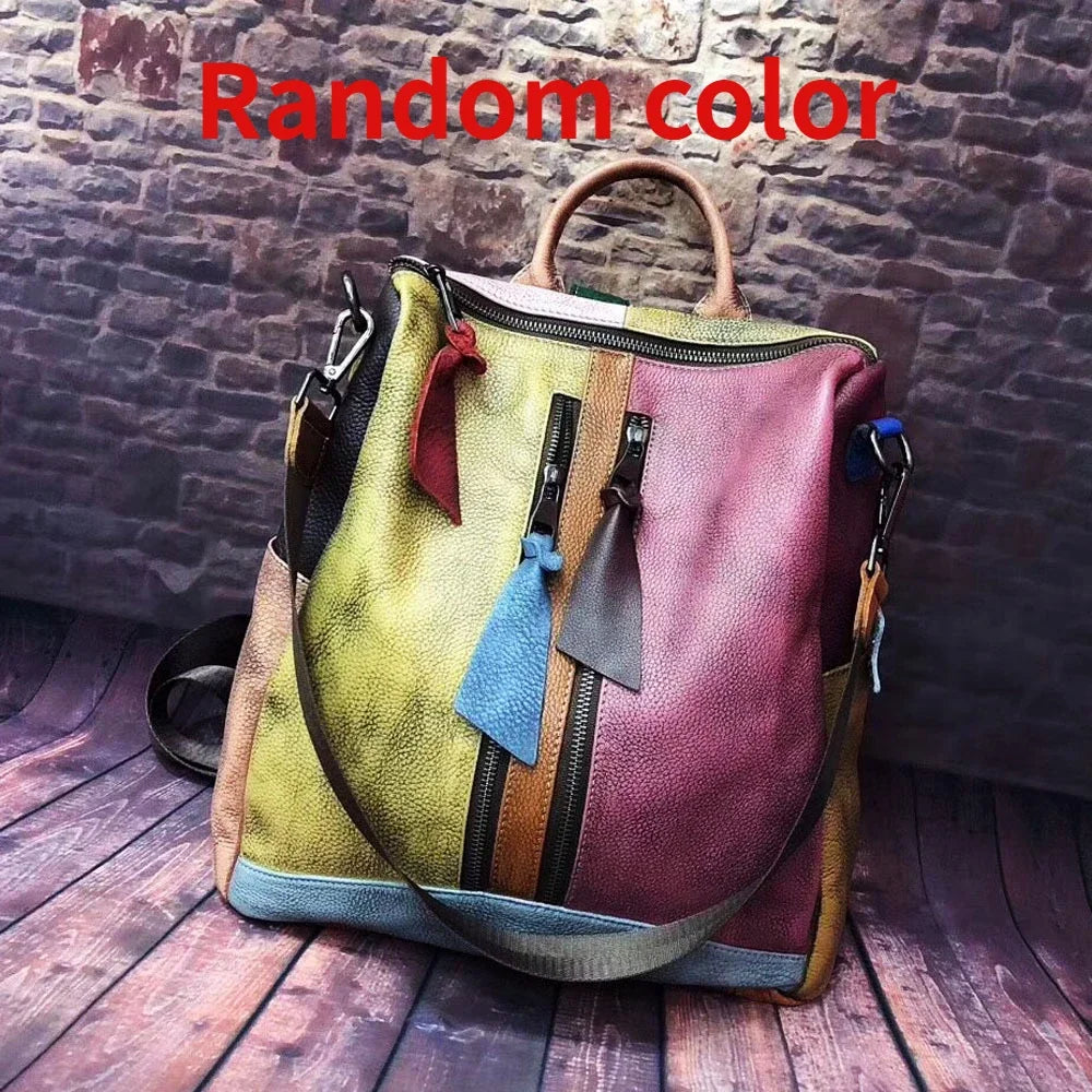 2024 Trend Retro Women Genuine Leather Backpack Patchwork Random Color Shoulder Bag Luxury High Quality Large Capacity Schoolbag