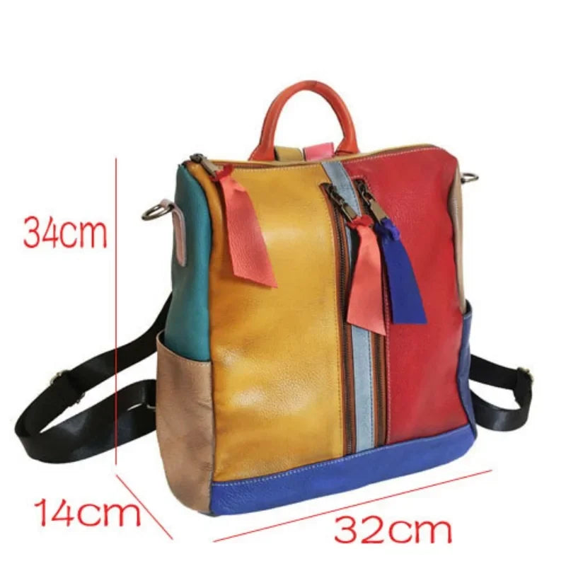 2024 Trend Retro Women Genuine Leather Backpack Patchwork Random Color Shoulder Bag Luxury High Quality Large Capacity Schoolbag