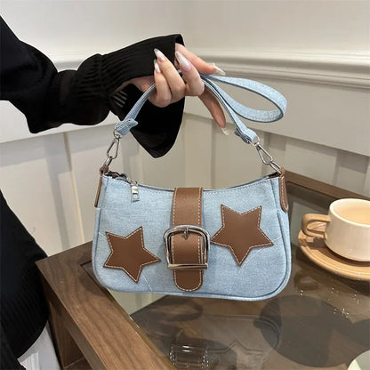 2024 Trendy Personalized Denim Star Chain Belt Buckle Shoulder Bag Women's Bag  Designer Bags Luxury  Purse Canvas Bag