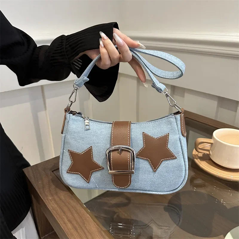 2024 Trendy Personalized Denim Star Chain Belt Buckle Shoulder Bag Women's Bag  Designer Bags Luxury  Purse Canvas Bag