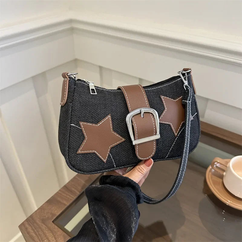 2024 Trendy Personalized Denim Star Chain Belt Buckle Shoulder Bag Women's Bag  Designer Bags Luxury  Purse Canvas Bag
