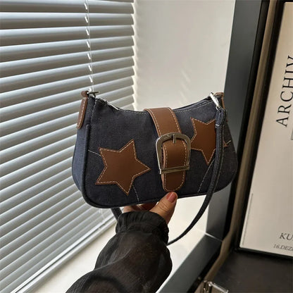 2024 Trendy Personalized Denim Star Chain Belt Buckle Shoulder Bag Women's Bag  Designer Bags Luxury  Purse Canvas Bag