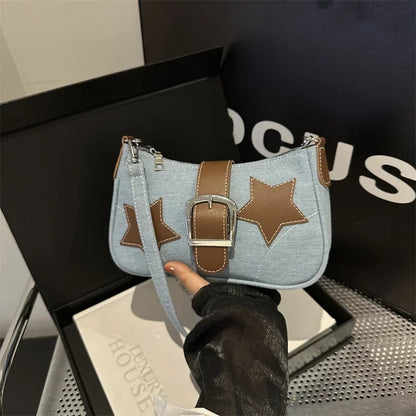 2024 Trendy Personalized Denim Star Chain Belt Buckle Shoulder Bag Women's Bag  Designer Bags Luxury  Purse Canvas Bag