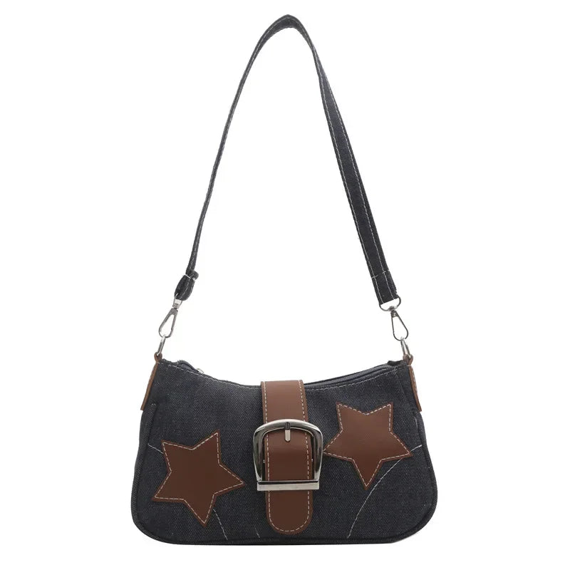 2024 Trendy Personalized Denim Star Chain Belt Buckle Shoulder Bag Women's Bag  Designer Bags Luxury  Purse Canvas Bag