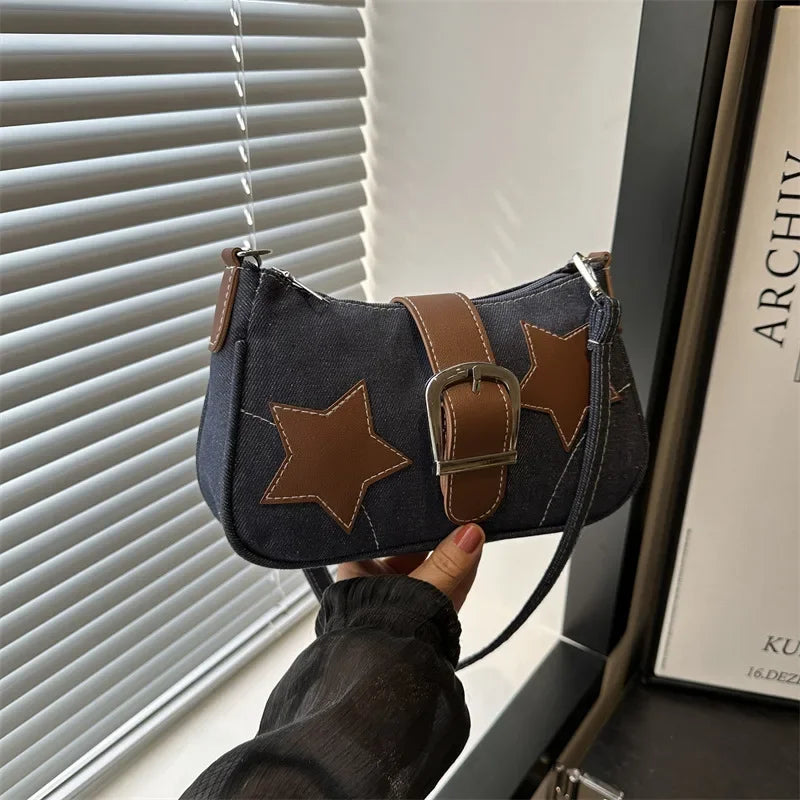 2024 Trendy Personalized Denim Star Chain Belt Buckle Shoulder Bag Women's Bag  Designer Bags Luxury  Purse Canvas Bag