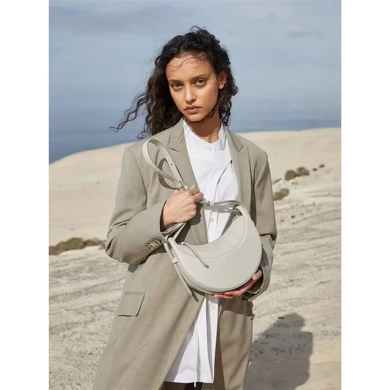 2024 Underarm Bag Women Shoulder Bag Genuine Leather Solid Color Elegant Ladies Handbag Saddle Crescent Chic Bag  Women's  Purse