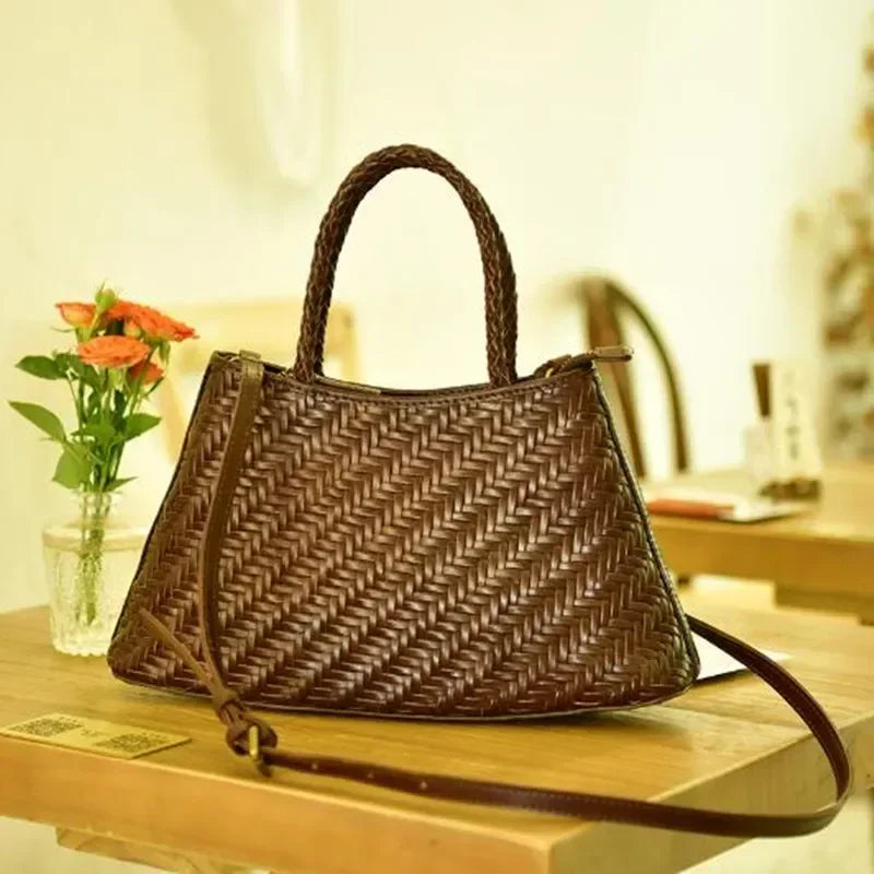 2024 Vintage Leather Weave Hand Bags Shoulder Bags Tote Top Quality Women Basket Shopping Bags Beach Hobos Handbag