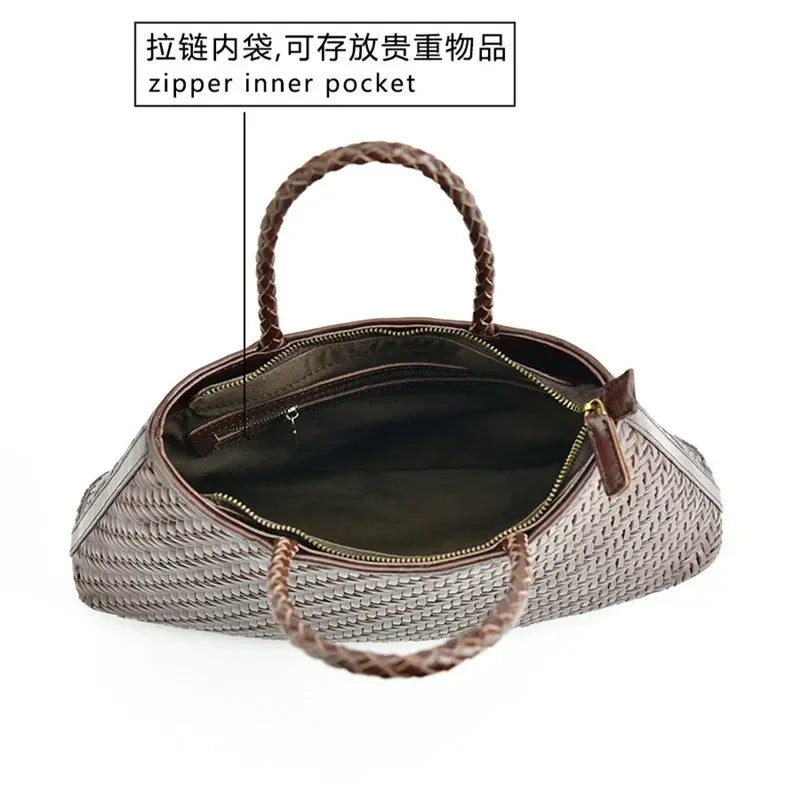 2024 Vintage Leather Weave Hand Bags Shoulder Bags Tote Top Quality Women Basket Shopping Bags Beach Hobos Handbag