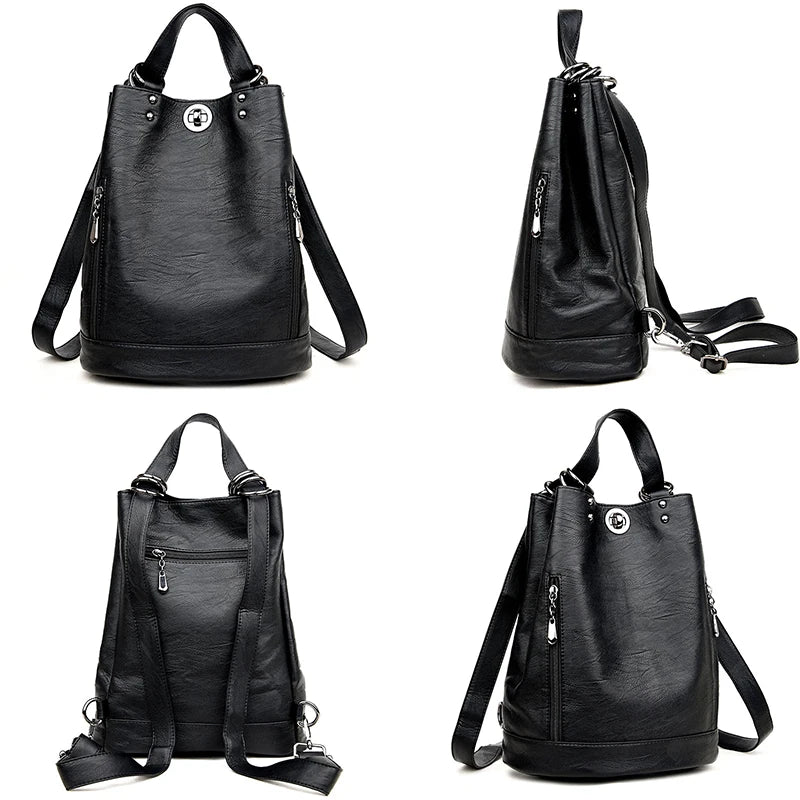 2024 Women Leather Backpacks Multifunction Women Vintage Shoulder Bag Ladies Rucksack Large Capacity Travel Bag Sac A Dos Preppy