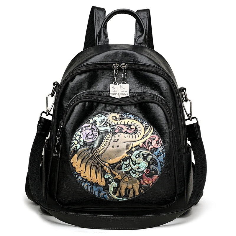 2024 Women New Animal Embroidery Soft Leather Backpack High Quality Multi functional Bag School Student Large Capacity Book Bags